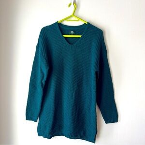 Roots Teal Textured Knit V-Neck Pullover Sweater Women’s Small Recycled Cotton